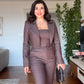 BUTTON-DETAIL BLAZER, STRAPLESS TOP AND TROUSERS THREE-PIECE SET - BROWN