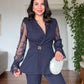 GUIPURE LACE DETAILED DOUBLE-BREASTED CHIC SET - NAVY