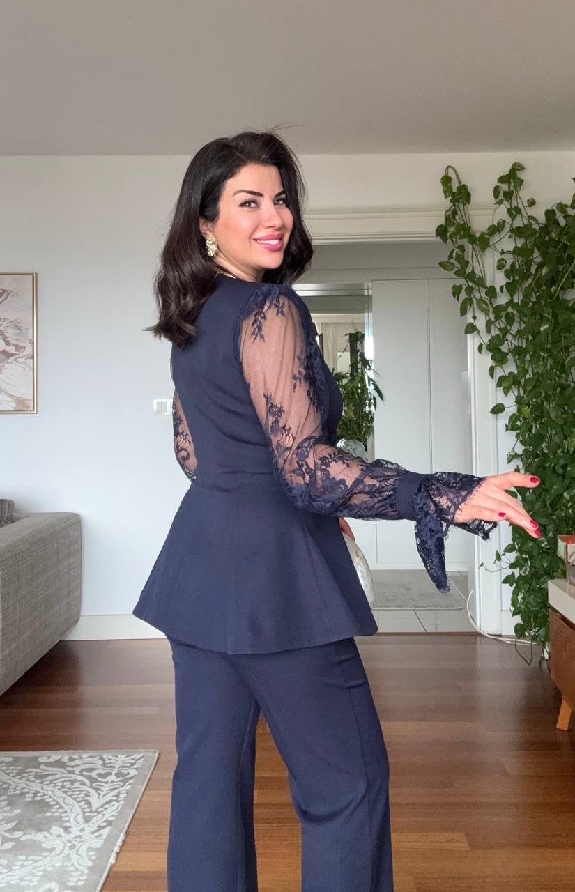 GUIPURE LACE DETAILED DOUBLE-BREASTED CHIC SET - NAVY