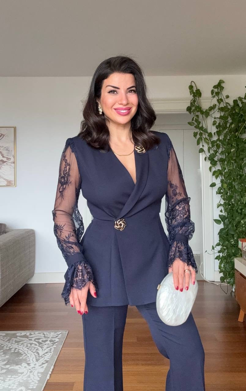 GUIPURE LACE DETAILED DOUBLE-BREASTED CHIC SET - NAVY