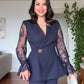 GUIPURE LACE DETAILED DOUBLE-BREASTED CHIC SET - NAVY