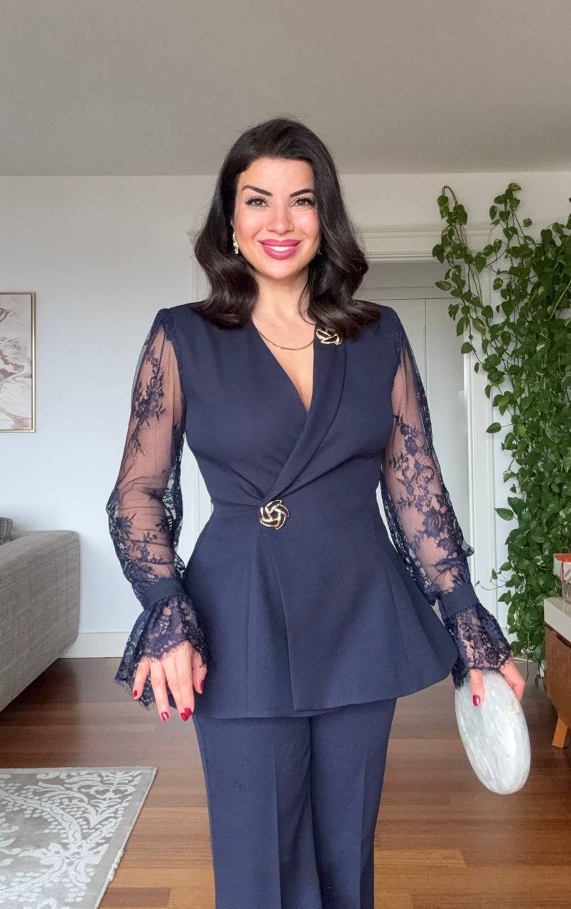 GUIPURE LACE DETAILED DOUBLE-BREASTED CHIC SET - NAVY