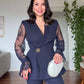 GUIPURE LACE DETAILED DOUBLE-BREASTED CHIC SET - NAVY