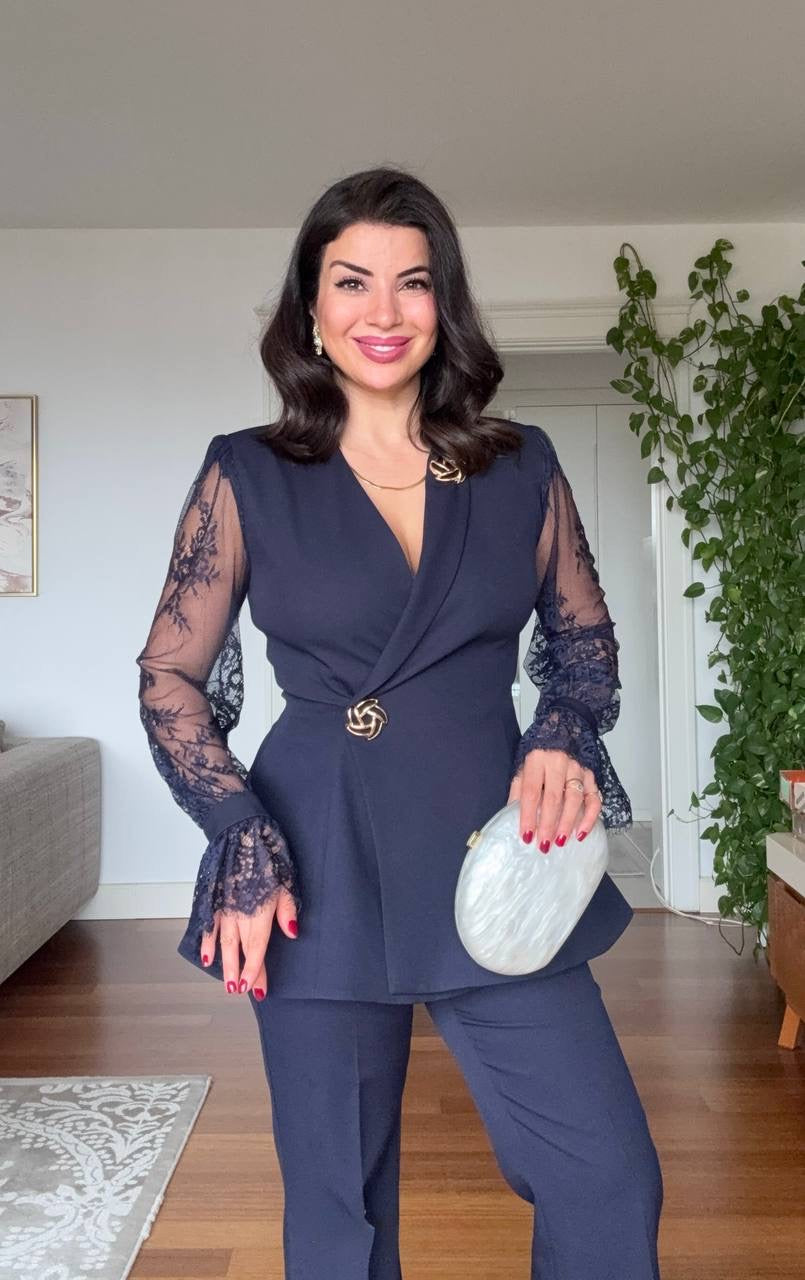 GUIPURE LACE DETAILED DOUBLE-BREASTED CHIC SET - NAVY