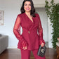 GUIPURE LACE DETAILED DOUBLE-BREASTED CHIC SET - BURGUNDY