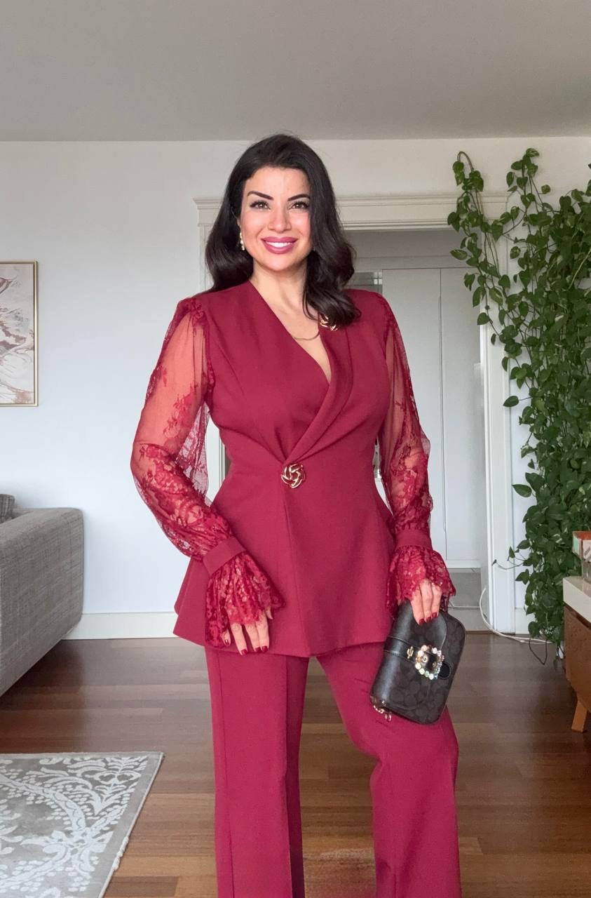GUIPURE LACE DETAILED DOUBLE-BREASTED CHIC SET - BURGUNDY