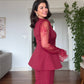 GUIPURE LACE DETAILED DOUBLE-BREASTED CHIC SET - BURGUNDY