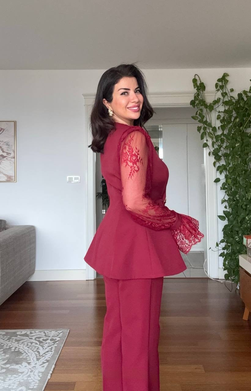 GUIPURE LACE DETAILED DOUBLE-BREASTED CHIC SET - BURGUNDY