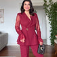 GUIPURE LACE DETAILED DOUBLE-BREASTED CHIC SET - BURGUNDY