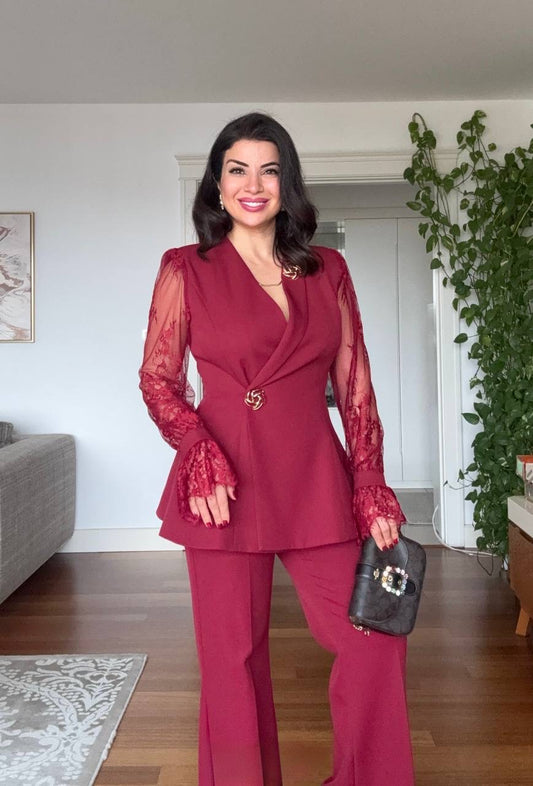GUIPURE LACE DETAILED DOUBLE-BREASTED CHIC SET - BURGUNDY