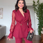 GUIPURE LACE DETAILED DOUBLE-BREASTED CHIC SET - BURGUNDY