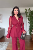 GUIPURE LACE DETAILED DOUBLE-BREASTED CHIC SET - BURGUNDY