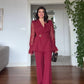 GUIPURE LACE DETAILED DOUBLE-BREASTED CHIC SET - BURGUNDY