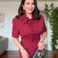 FLORAL APPLIQUÉ COLLARED SHORT-SLEEVE MIDI DRESS - BURGUNDY