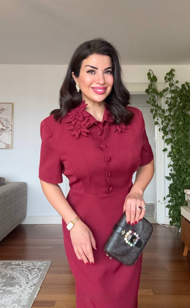 FLORAL APPLIQUÉ COLLARED SHORT-SLEEVE MIDI DRESS - BURGUNDY
