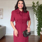 FLORAL APPLIQUÉ COLLARED SHORT-SLEEVE MIDI DRESS - BURGUNDY