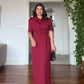 FLORAL APPLIQUÉ COLLARED SHORT-SLEEVE MIDI DRESS - BURGUNDY