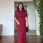 FLORAL APPLIQUÉ COLLARED SHORT-SLEEVE MIDI DRESS - BURGUNDY