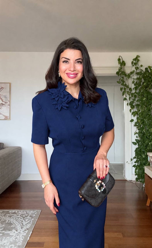 FLORAL APPLIQUÉ COLLARED SHORT-SLEEVE MIDI DRESS - NAVY