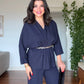 DRAPED BLOUSE AND WIDE-LEG TROUSERS TWO-PIECE SET - NAVY BLUE