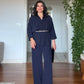 DRAPED BLOUSE AND WIDE-LEG TROUSERS TWO-PIECE SET - NAVY BLUE