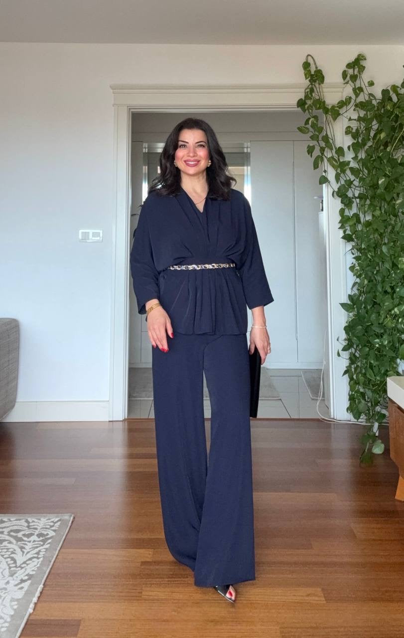 DRAPED BLOUSE AND WIDE-LEG TROUSERS TWO-PIECE SET - NAVY BLUE