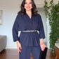 DRAPED BLOUSE AND WIDE-LEG TROUSERS TWO-PIECE SET - NAVY BLUE