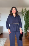 DRAPED BLOUSE AND WIDE-LEG TROUSERS TWO-PIECE SET - NAVY BLUE