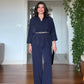DRAPED BLOUSE AND WIDE-LEG TROUSERS TWO-PIECE SET - NAVY BLUE