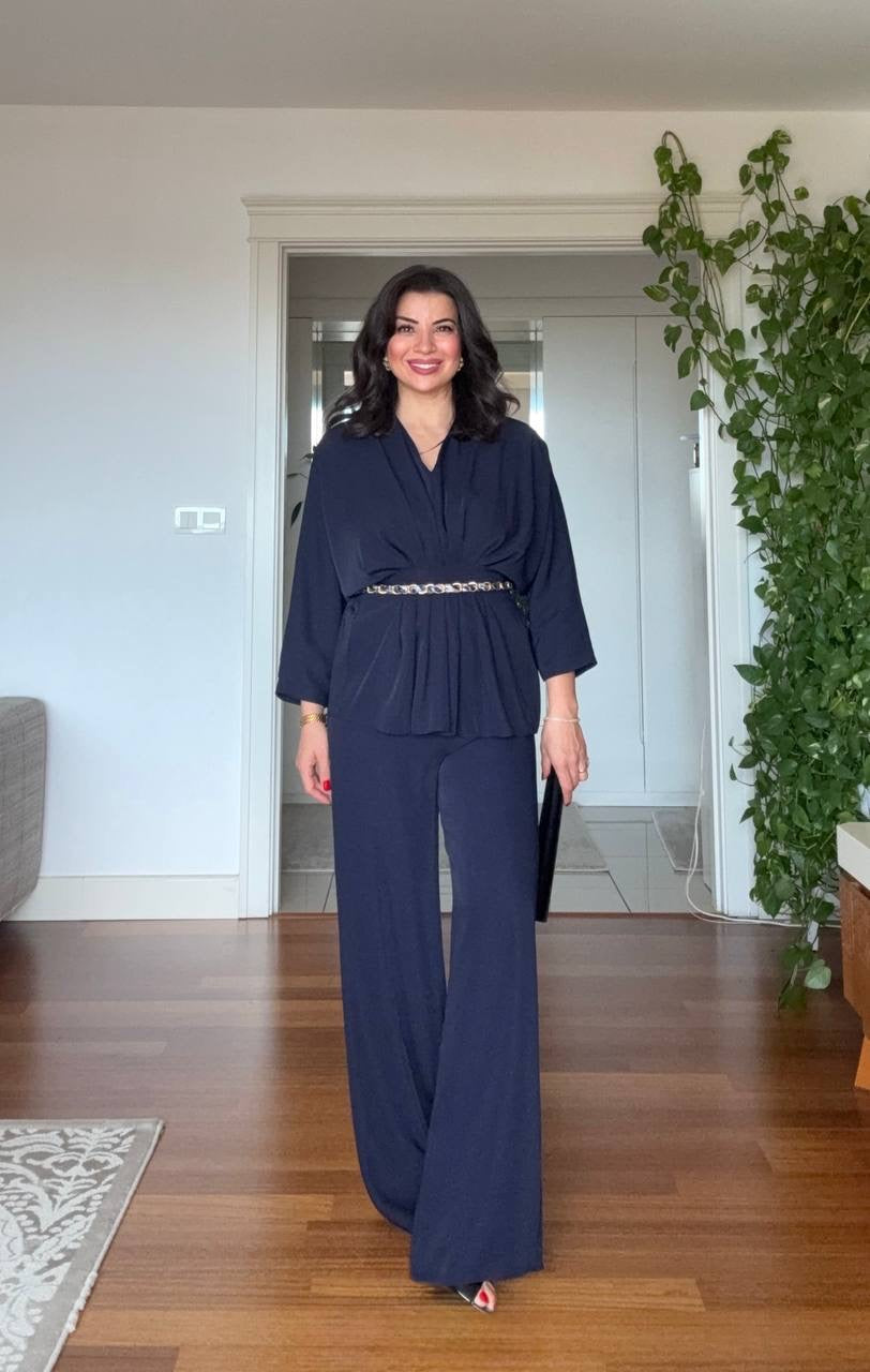 DRAPED BLOUSE AND WIDE-LEG TROUSERS TWO-PIECE SET - NAVY BLUE