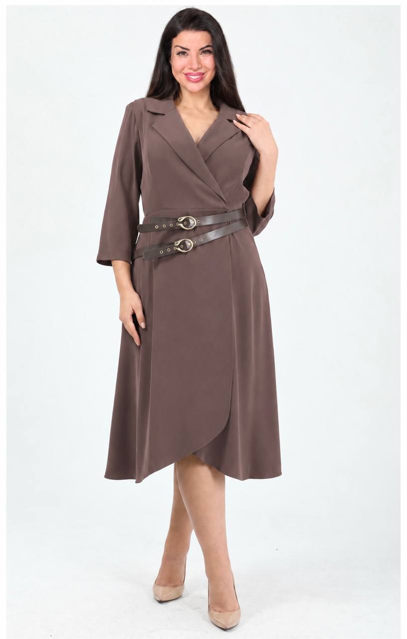 LAPEL COLLAR WRAP-EFFECT DOUBLE BUCKLE DETAIL MIDI DRESS - MOCHA BROWN