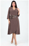 LAPEL COLLAR WRAP-EFFECT DOUBLE BUCKLE DETAIL MIDI DRESS - MOCHA BROWN