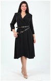 LAPEL COLLAR WRAP-EFFECT DOUBLE BUCKLE DETAIL MIDI DRESS - BLACK