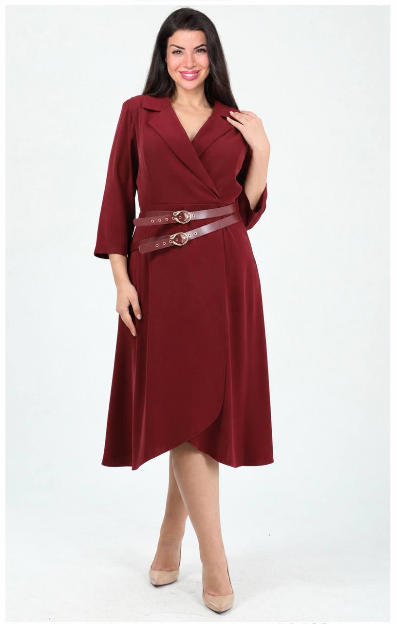 LAPEL COLLAR WRAP-EFFECT DOUBLE BUCKLE DETAIL MIDI DRESS - BURGUNDY
