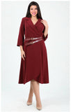 LAPEL COLLAR WRAP-EFFECT DOUBLE BUCKLE DETAIL MIDI DRESS - BURGUNDY