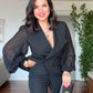 WRAP-STYLE LAPEL PLEATED BALLOON SLEEVE JACKET SET - BLACK