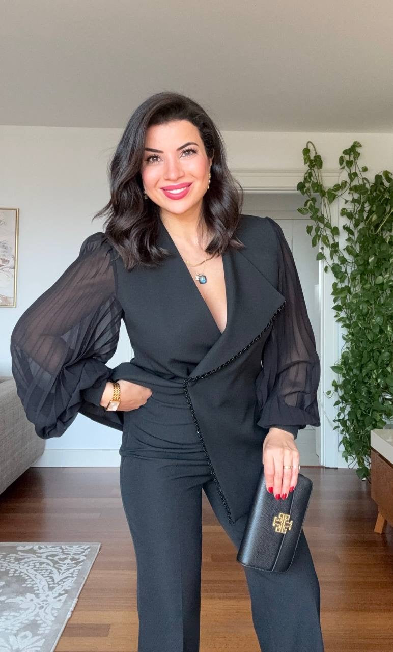 WRAP-STYLE LAPEL PLEATED BALLOON SLEEVE JACKET SET - BLACK