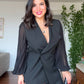 WRAP-STYLE LAPEL PLEATED BALLOON SLEEVE JACKET SET - BLACK