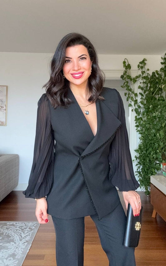 WRAP-STYLE LAPEL PLEATED BALLOON SLEEVE JACKET SET - BLACK