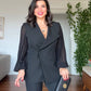 WRAP-STYLE LAPEL PLEATED BALLOON SLEEVE JACKET SET - BLACK