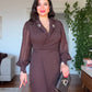 RHINESTONE-DETAIL LAPEL COLLAR BELTED MIDI DRESS - BROWN