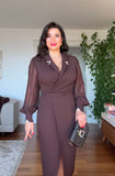 RHINESTONE-DETAIL LAPEL COLLAR BELTED MIDI DRESS - BROWN