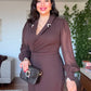 RHINESTONE-DETAIL LAPEL COLLAR BELTED MIDI DRESS - BROWN