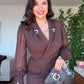 RHINESTONE-DETAIL LAPEL COLLAR BELTED MIDI DRESS - BROWN