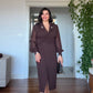RHINESTONE-DETAIL LAPEL COLLAR BELTED MIDI DRESS - BROWN
