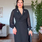 RHINESTONE-DETAIL LAPEL COLLAR BELTED MIDI DRESS - BLACK