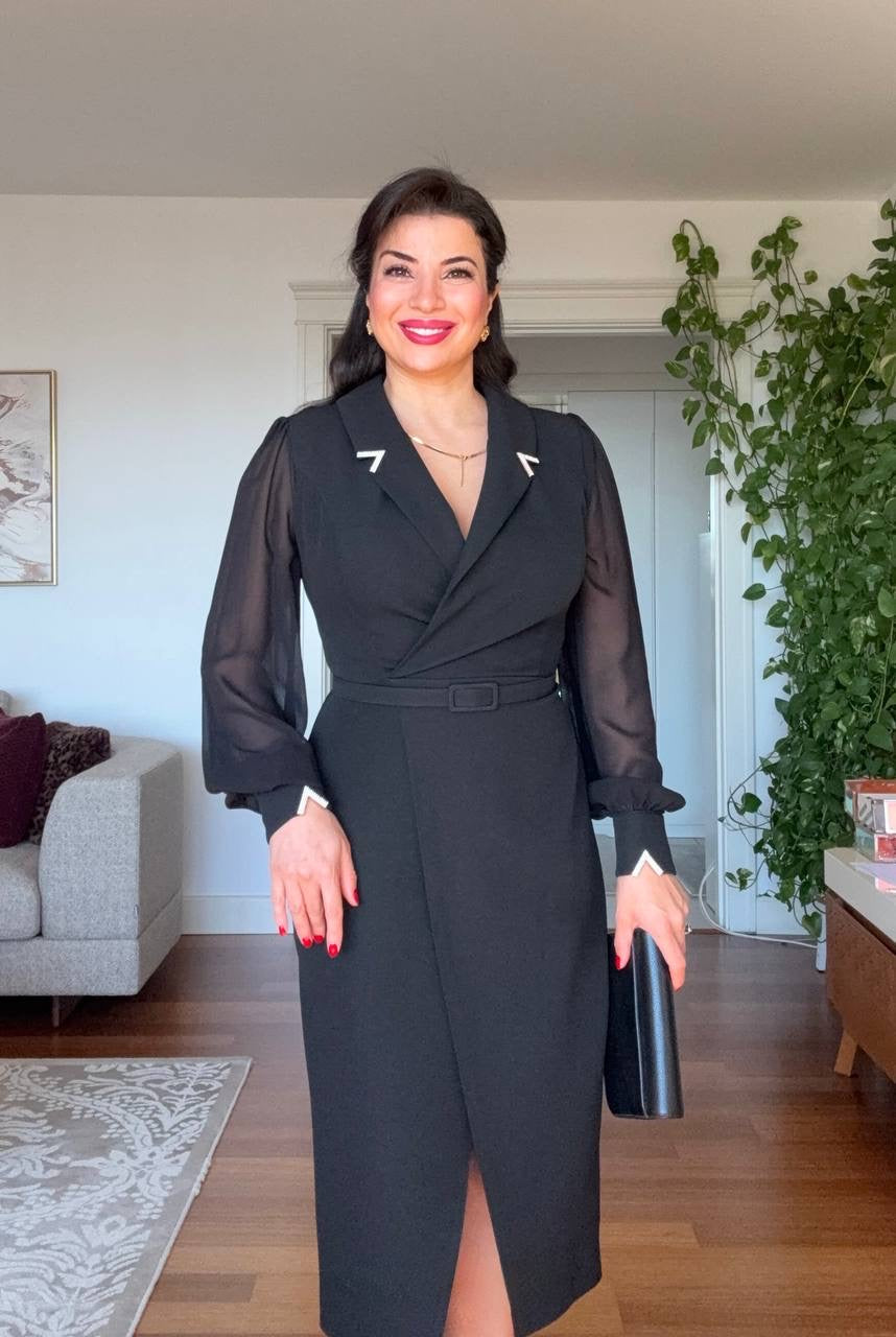 RHINESTONE-DETAIL LAPEL COLLAR BELTED MIDI DRESS - BLACK