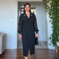 RHINESTONE-DETAIL LAPEL COLLAR BELTED MIDI DRESS - BLACK