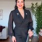 RHINESTONE-DETAIL LAPEL COLLAR BELTED MIDI DRESS - BLACK