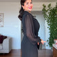 RHINESTONE-DETAIL LAPEL COLLAR BELTED MIDI DRESS - BLACK